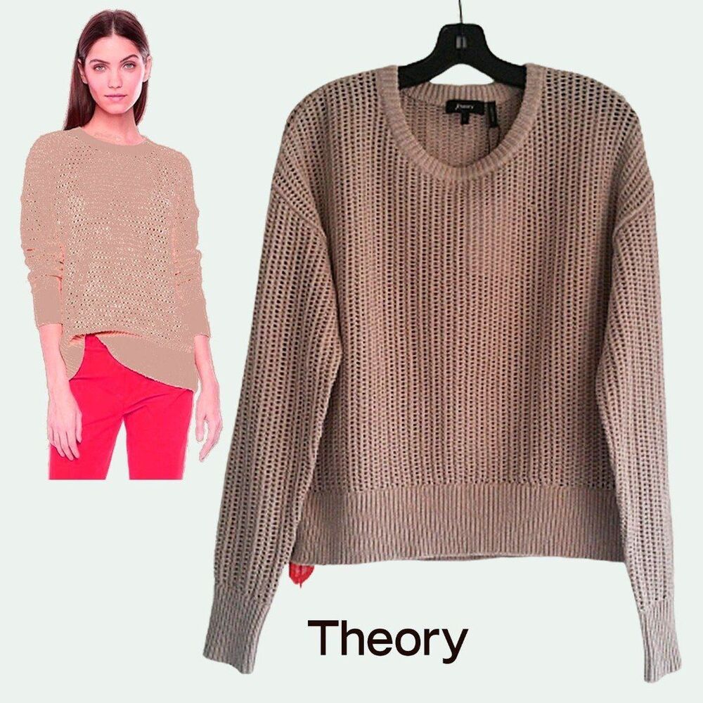 THEORY NEW Scandinavian OATMEAL MELANGE Allover Mesh Rib Trim Knit Sweater L